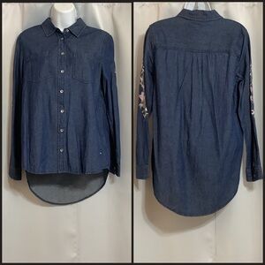Coupe Collection Denim Button-Up Shirt with Floral Sleeves